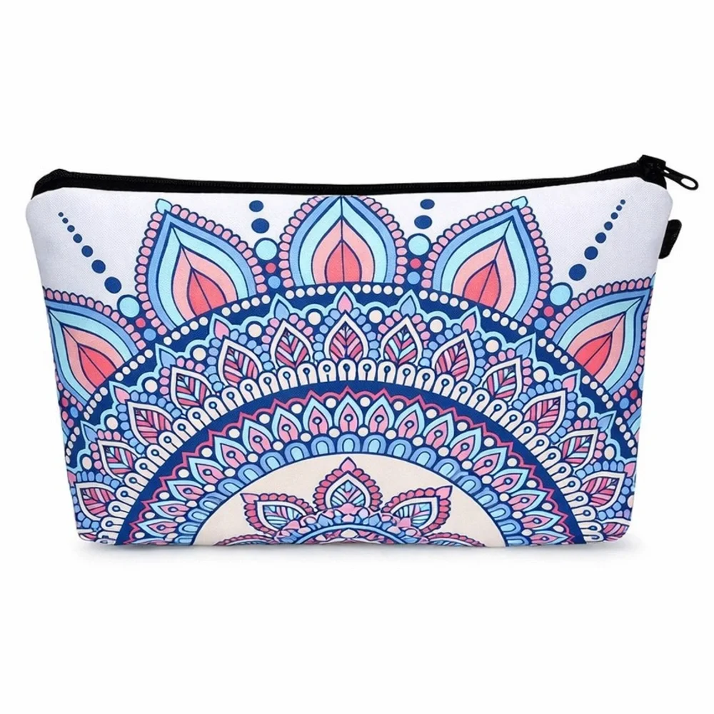 Blue Pink Mandala Makeup Bag Boho Cosmetic Travel Pouch